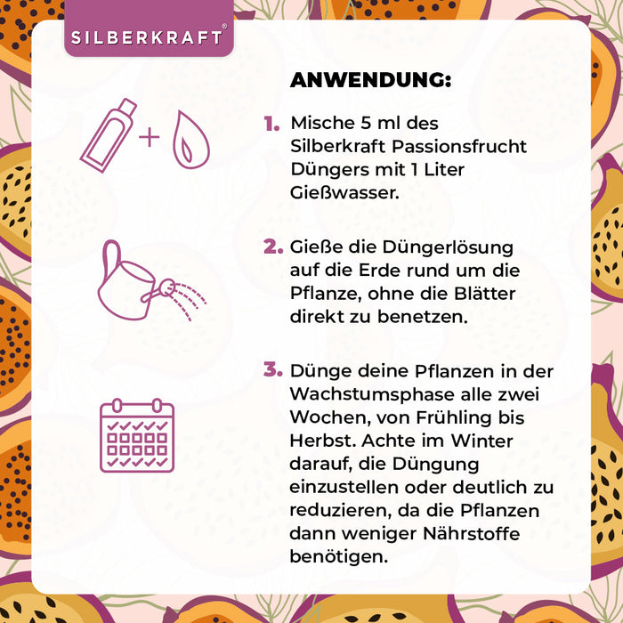 Passionsfrucht Dünger - Mineralischer NPK Flüssigdünger mit Stickstoff - Dünger für Passionsfruchtpflanzen - Maracuja Dünger - Passionsblumen Dünger - Exotischer Pflanzendünger - Silberkraft