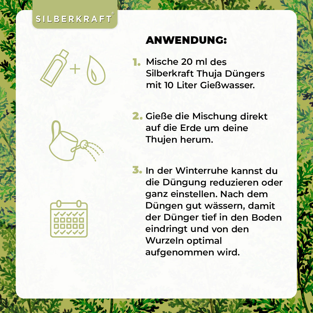 Thuja Dünger - Mineralischer NPK Flüssigdünger mit Stickstoff - Dünger für Thuja-Hecken - Koniferen Dünger - Silberkraft