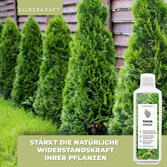 Thuja Dünger - Mineralischer NPK Flüssigdünger mit Stickstoff - Dünger für Thuja-Hecken - Koniferen Dünger - Silberkraft