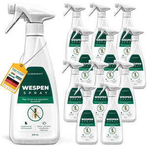 Zwölfer Pack Silberkraft Wespenspray 500 ml – effektiver Schutz gegen Wespen, Verpackung aus recyceltem Kunststoff, angenehmer Zitronenduft.