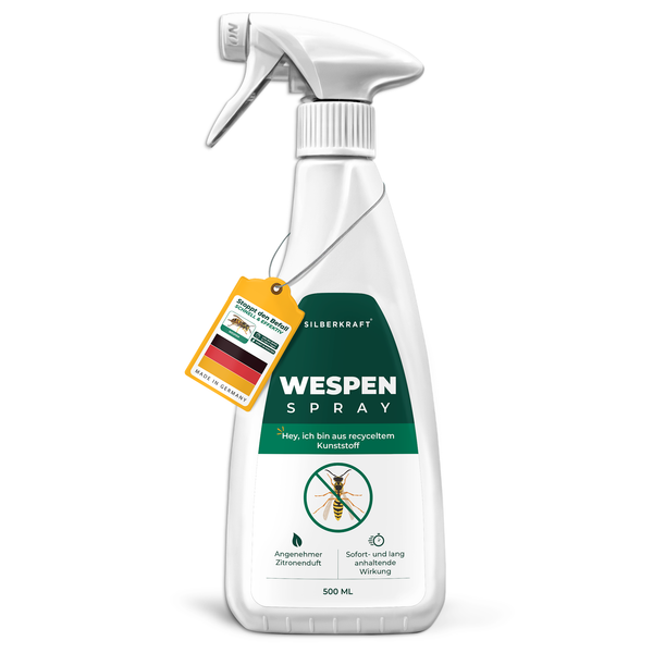 Silberkraft wespenspray 500 ml - voorkant van de spuitfles van gerecycled plastic met onmiddellijke en langdurige werking tegen wespen.