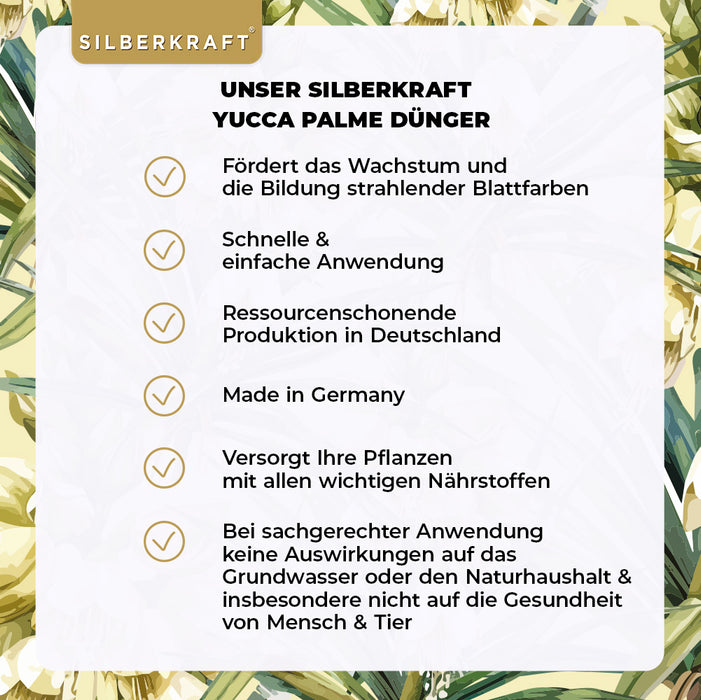 Yucca Dünger - Mineralischer NPK Flüssigdünger mit Stickstoff - Dünger für Yucca Palmen - Palmlilie düngen -  Yucca Rostrata Dünger - Silberkraft