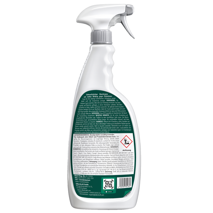 Rückseitenetikett Silberkraft Holzwurmspray 1000 ml mit detaillierten Anwendungs-, Dosier- und Sicherheitshinweisen sowie Barcode.