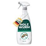 Silberkraft houtwormspray 1000 ml (1 liter) spuitfles met houtwormsymbool, Made in Germany zegel en verwijzing naar het meegeleverde expert-eBook.