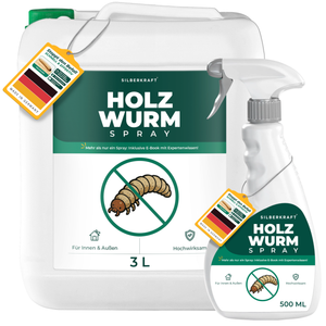 Kombi-Set: 3-Liter-Nachfüllkanister und 500 ml Sprühflasche Silberkraft Holzwurmspray.