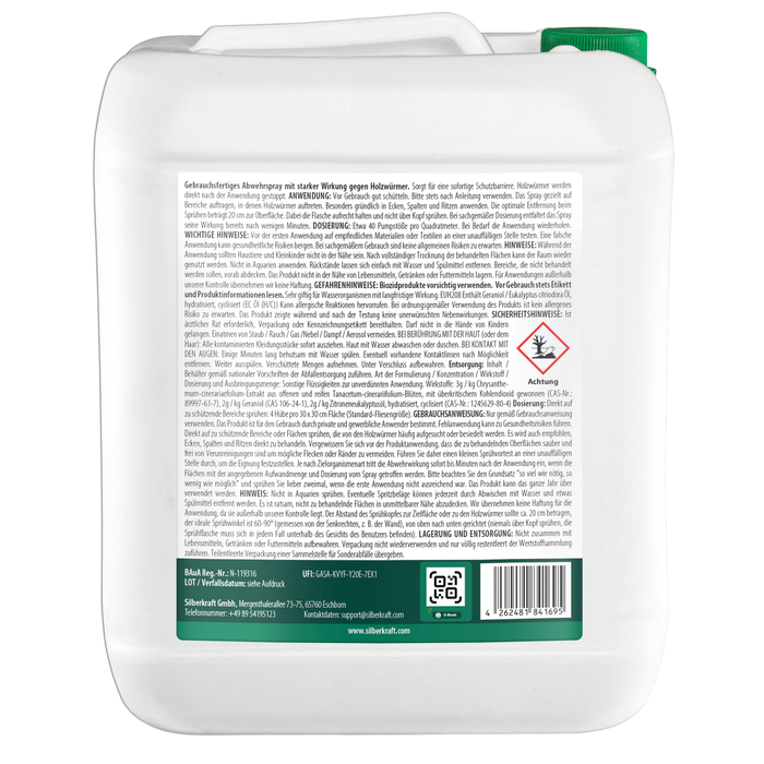 Rückseitenetikett des 3-Liter-Kanisters Silberkraft Holzwurmspray mit ausführlichen Gebrauchs- und Sicherheitsinformationen.
