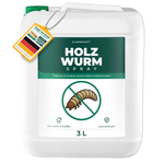 Bus van 3 liter Silberkraft houtwormspray naast de uitgebreide eBook-gids tegen houtwormen.