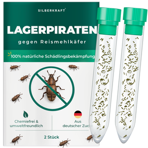 Silberkraft Lagerpiraten gegen Reismehlkäfer, natürliche Nützlinge zur chemiefreien Bekämpfung von Reismehlkäfern im Haushalt, aus deutscher Zucht, 2x 30 Lagerpiraten pro Röhrchen