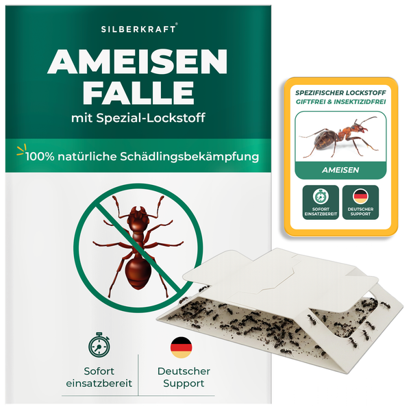 Silberkraft mierenval met speciale lokstof voor natuurlijke ongediertebestrijding. Vrij van gifstoffen en insecticiden, klaar voor onmiddellijk gebruik, Duitse ondersteuning. Effectieve val tegen mieren in het huishouden.