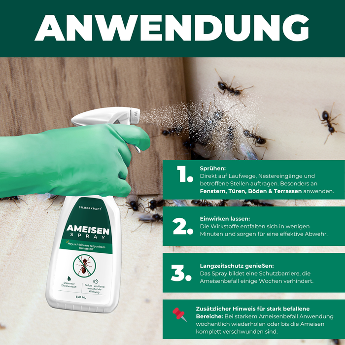 Een hand spuit Silverkraft mierenspray op een oppervlak waar mieren zitten.