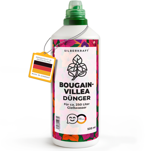 Bougainvilleadünger – Mineralischer NPK Flüssigdünger mit Stickstoff – Dünger für Bougainvillea – Mediterrane Kletterpflanzen-Dünger“ Wichtige Keywords: Bougainvillea Dünger, Drillingsblume Dünger - Silberkraft