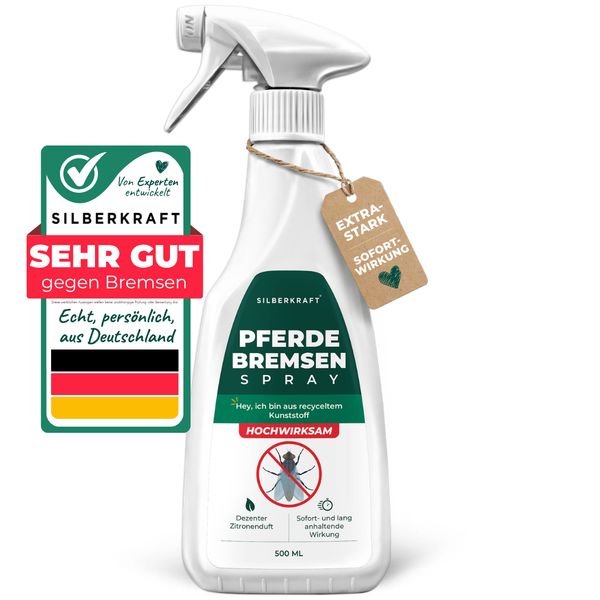 Silberkraft Bremsenspray für Pferde, 500 ml Sprühflasche mit grün-weißem Etikett, Gütesiegel „Sehr gut gegen Bremsen“ und Anhänger „Extra Stark Sofortwirkung“ – hochwirksames Mittel mit dezentem Zitronenduft, hergestellt in Deutschland
