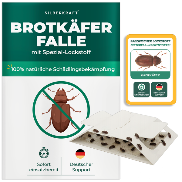 Silberkraft broodkeverval met geïntegreerde speciale lokstof als biocidevrije lijmval ter bestrijding van broodkevers en voorraadongedierte in het huishouden