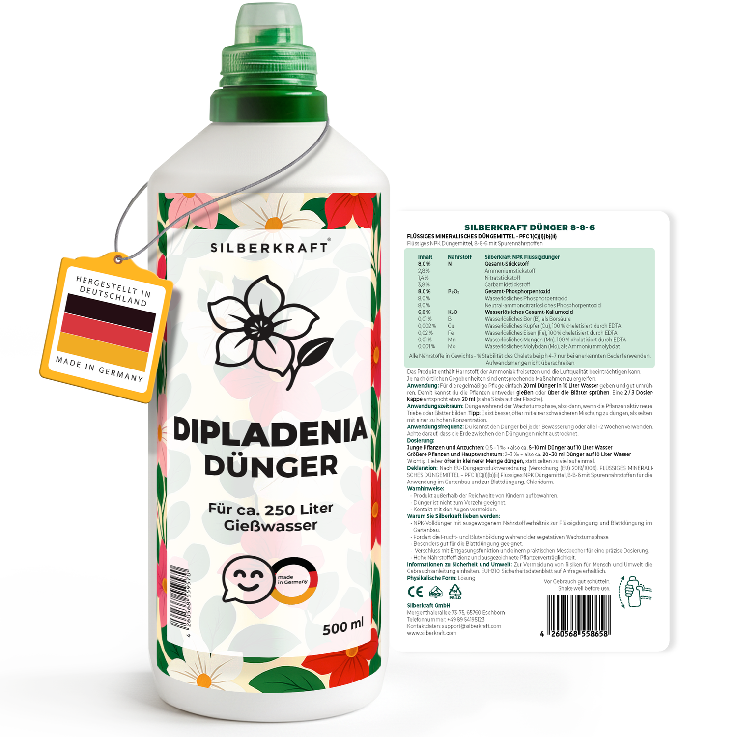 Dipladeniadünger – Mineralischer NPK Flüssigdünger mit Stickstoff – Dünger für Dipladenia (Mandevilla) – Balkon- & Kletterpflanzen-Dünger - Silberkraft