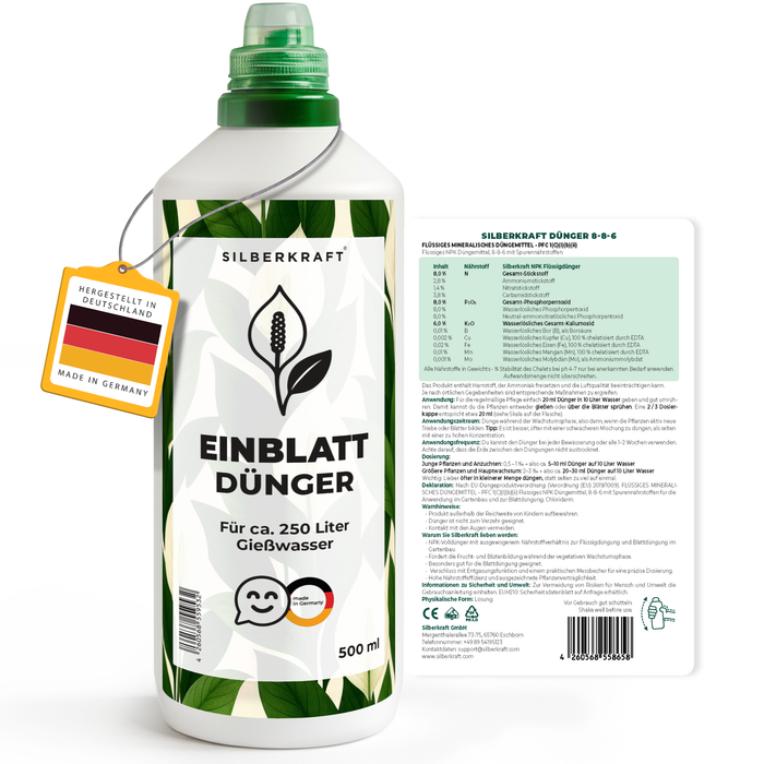 Enkelbladige meststof - Minerale NPK vloeibare meststof met stikstof - Meststof voor enkelbladig (Spathiphyllum) - Kamerplantenmeststof - Silberkraft