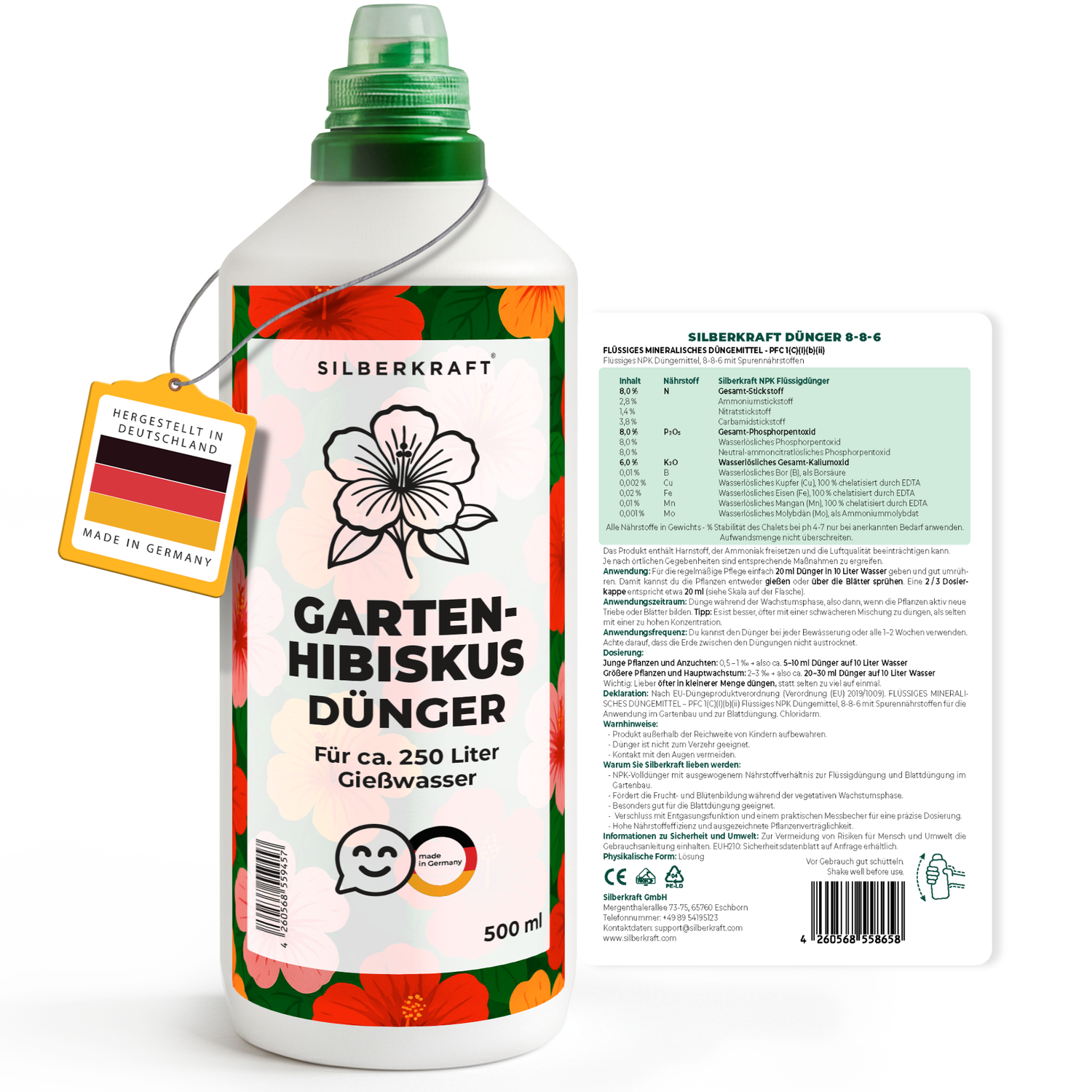 Gartenhibiskusdünger – Mineralischer NPK Flüssigdünger mit Stickstoff – Dünger für Gartenhibiskus – Ziersträucher-Dünger - Silberkraft