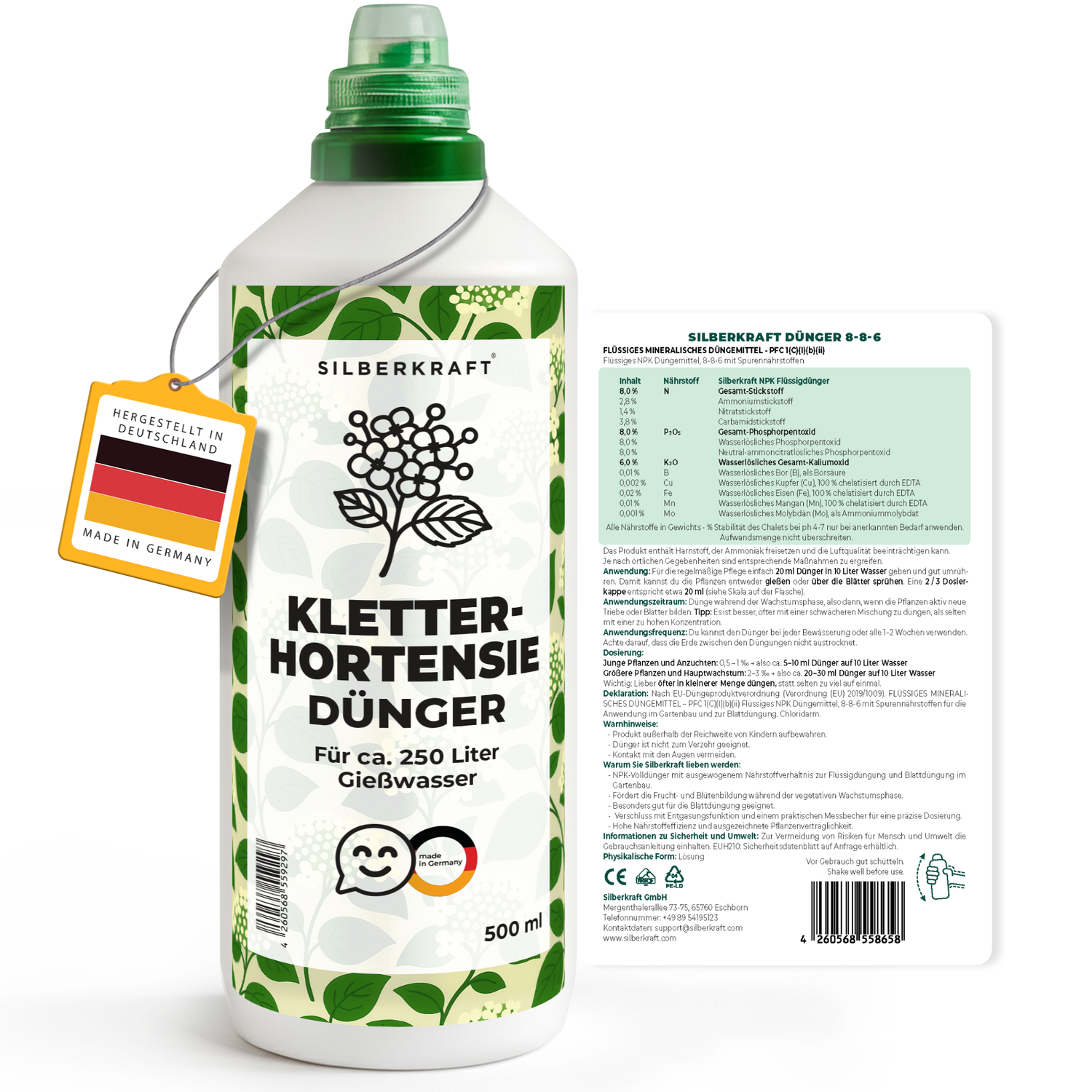 Kletterhortensiedünger – Mineralischer NPK Flüssigdünger mit Stickstoff – Dünger für Kletterhortensien – Gartenpflanzen-Dünger - Silberkraft