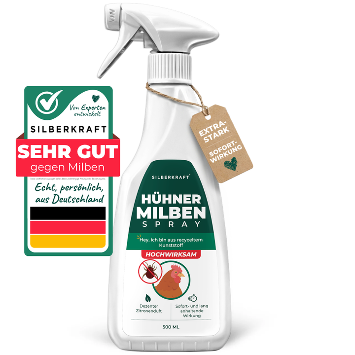 Silberkraft Mijtspray voor kippen, 500 ml spuitfles met groen-wit etiket, kwaliteitszegel „Zeer goed tegen mijten“ en label „Extra Sterk Directe werking“ – zeer effectief middel met subtiele citroengeur, geproduceerd in Duitsland