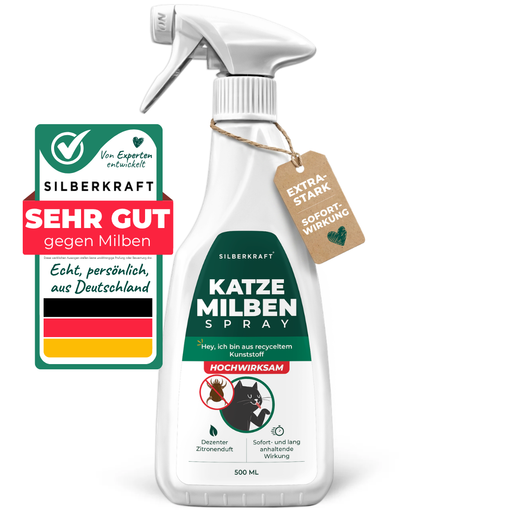 Silberkraft Milbenspray für Katzen, 500 ml Sprühflasche mit grün-weißem Etikett, Gütesiegel „Sehr gut gegen Milben“ und Anhänger „Extra Stark Sofortwirkung“ – hochwirksames Mittel mit dezentem Zitronenduft, hergestellt in Deutschland