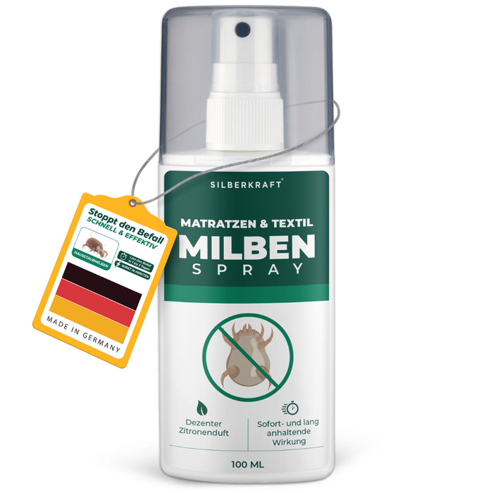 Silberkraft matrassen & textielmijten spray in flacon van 100 ml. Wit en groen ontwerp met mijtsymbool en doorgestreepte mijt. Label: 'Subtiele citroengeur' en 'Onmiddellijke en langdurige werking'. Op de fles hangt een geel etiket met de Duitse vlag en de tekst 'Made in Germany' en 'Stop de plaag - snel & effectief'.