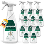 Silberkraft matrassen & textielmijten spray in 12 x 500ml flessen. Wit en groen ontwerp met mijtsymbool en doorgestreepte mijt. Label: 'Subtiele citroengeur' en 'Onmiddellijke en langdurige werking'. Op de fles hangt een geel etiket met de Duitse vlag en de tekst 'Made in Germany' en 'Stop de plaag - snel & effectief'