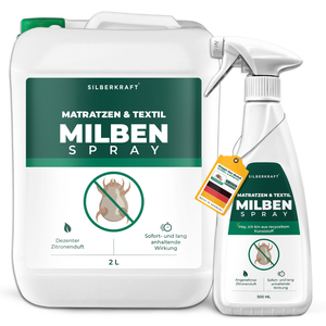 Silberkraft Matratzen & Textil Milben Spray in 2,5L Flasche. Weiß-grünes Design mit Milben-Symbol und durchgestrichener Milbe. Beschriftung: 'Dezenter Zitronenduft' und 'Sofort- und langanhaltende Wirkung'. An der Flasche hängt ein gelbes Etikett mit Deutschlandflagge und Text 'Made in Germany' sowie 'Stoppt den Befall – schnell & effektiv