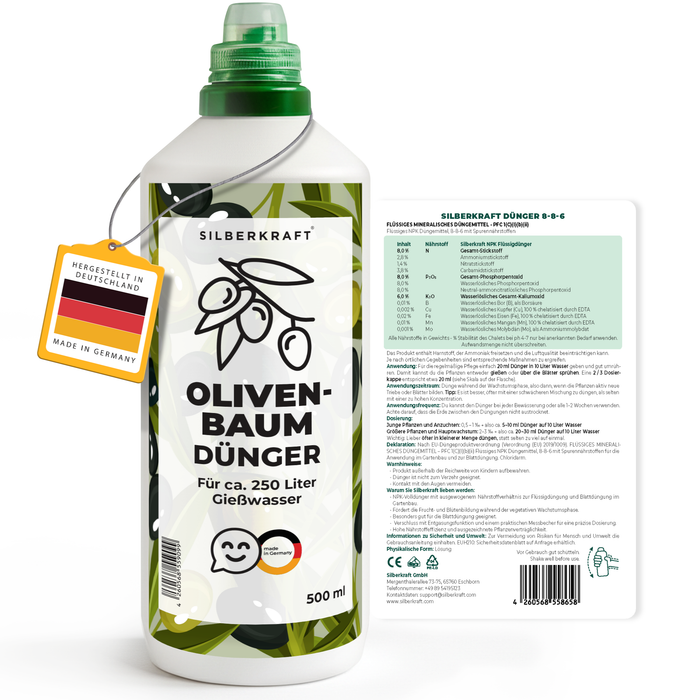 Olivenbaumdünger – Mineralischer NPK Flüssigdünger mit Stickstoff – Dünger für Olivenbaum – Mediterrane Kübelpflanzen-Dünger - Silberkraft
