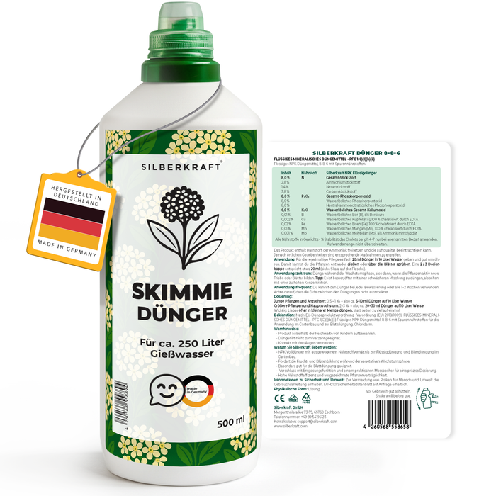 Skimmiedünger – Mineralischer NPK Flüssigdünger mit Stickstoff – Dünger für Skimmien – Ziersträucher-Dünger - Silberkraft