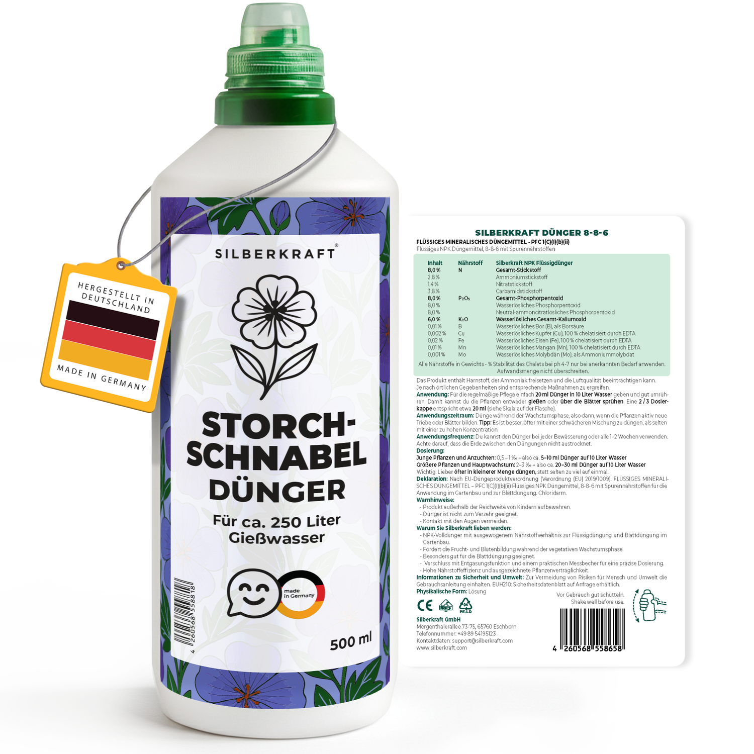 Storchschnabeldünger – Mineralischer NPK Flüssigdünger mit Stickstoff – Dünger für Storchschnabel (Geranium) – Stauden-Dünger - Silberkraft