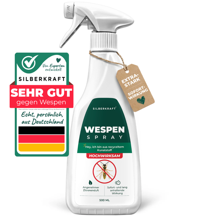 Silberkraft Wespenspray, 500 ml Sprühflasche mit grün-weißem Etikett, Gütesiegel „Sehr gut gegen Wespen“ und Anhänger „Extra Stark Sofortwirkung“ – hochwirksames Mittel mit angenehmem Zitronenduft, hergestellt in Deutschland