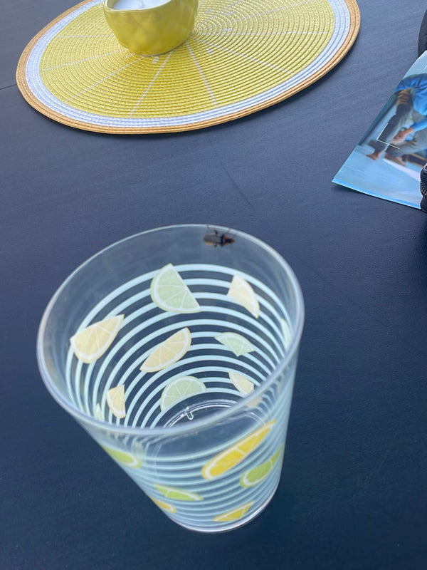 Een spekkever zit op de bovenste rand van een drinkglas. Het glas staat op een donkere tafel naast een placemat.