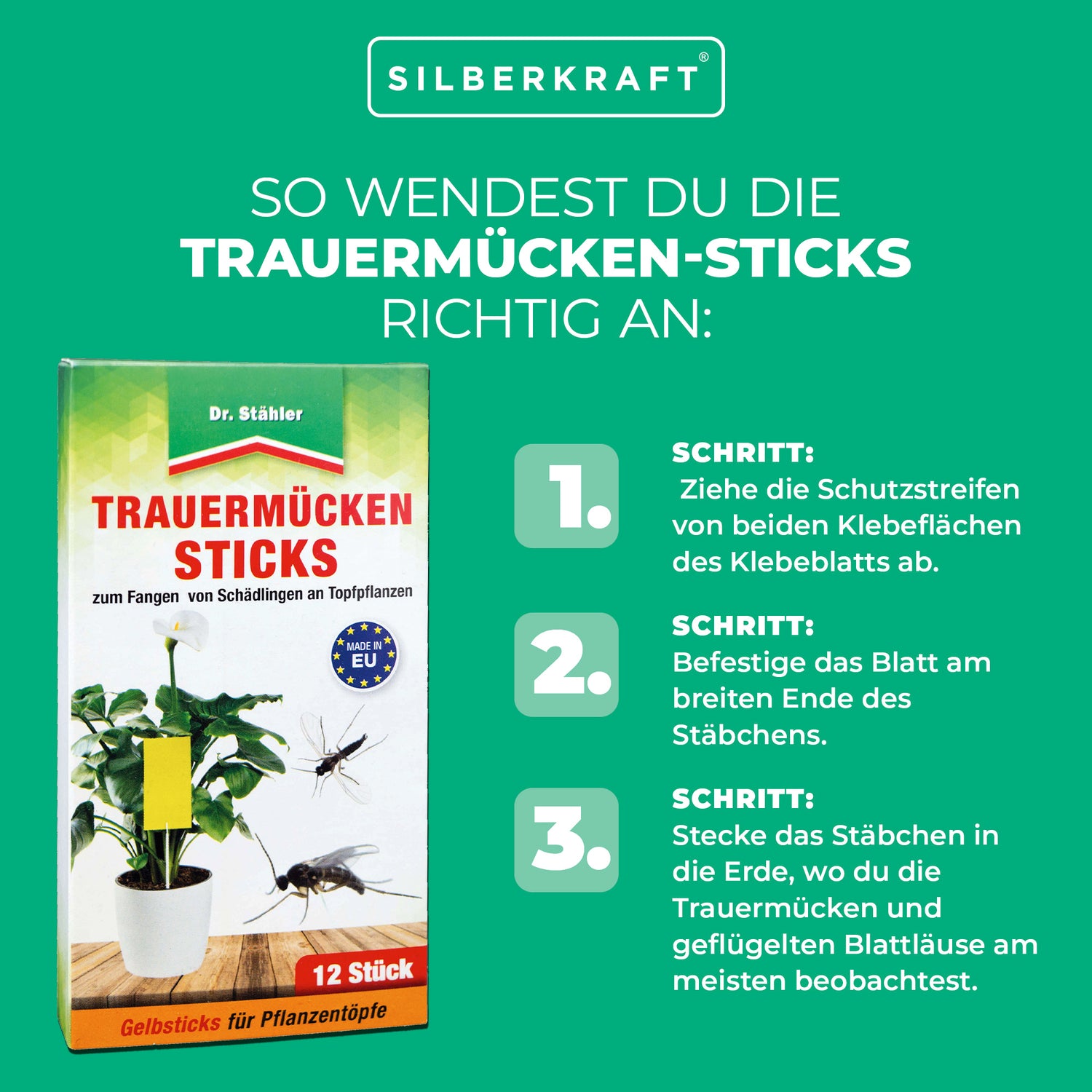 Trauermücken-Sticks: Effektive Bekämpfung von Weiße Fliegen, Trauermücken, Obst- und Essigfliegen, Thripsen und Zikaden - Silberkraft