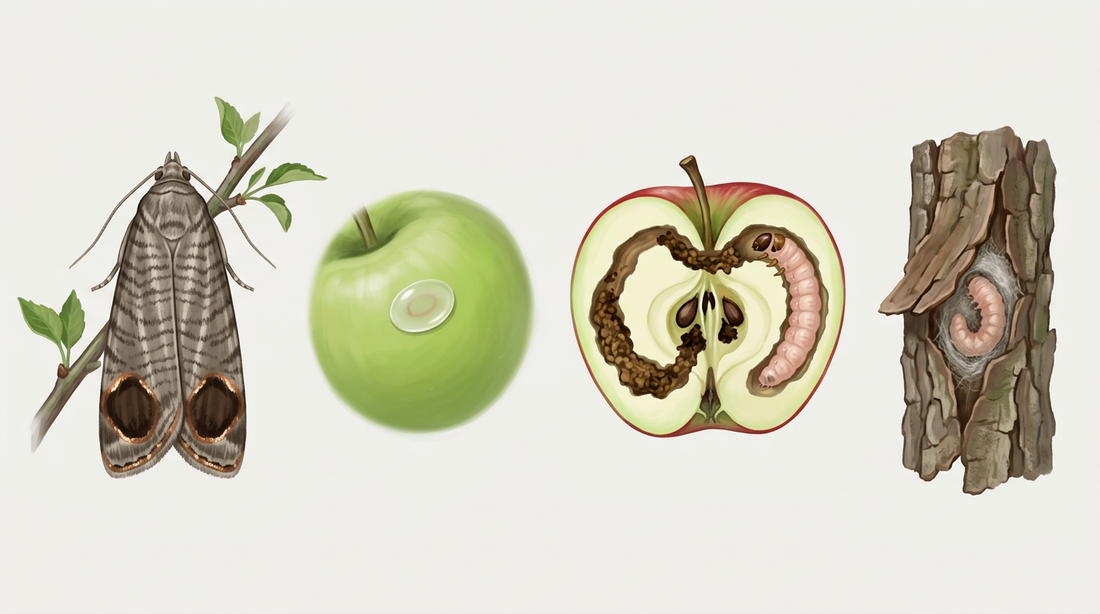 Ontwikkeling van de fruitmot: mot met grijsbruine vleugels en een kopergerande vlek, plat ei op een jonge appel, rups met bruine kop in de voedingsgang naar de kern en rups in de cocon onder de boomschors