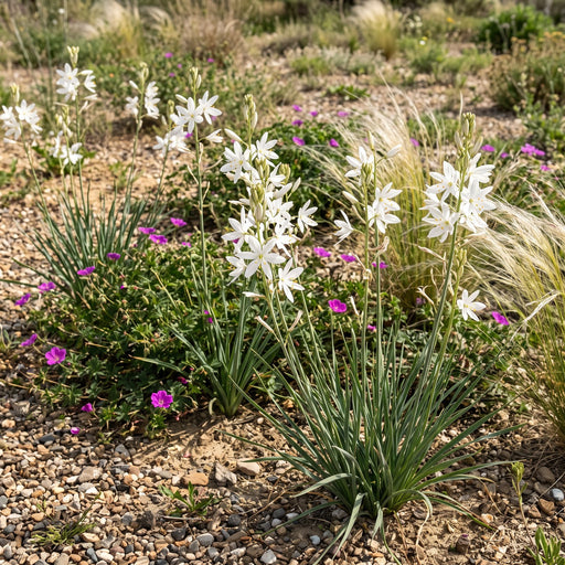 Astlose Graslilie (Anthericum liliago) in Blüte im naturnahen Garten (KI-generiert)