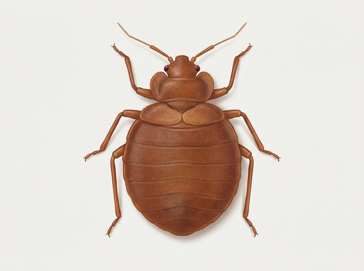 Bedwants (Cimex lectularius) van bovenaf: platovaal, roodbruin lichaam zonder vleugels