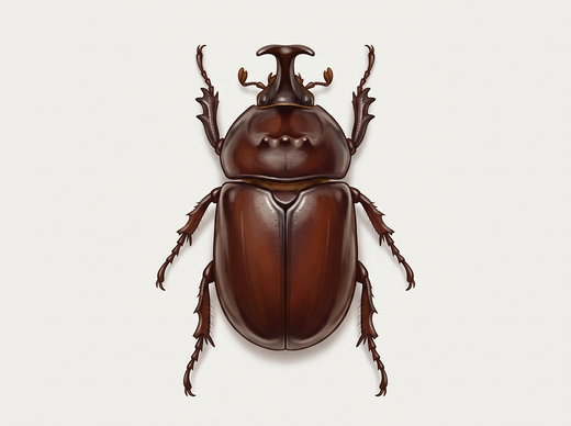 Neushoornkever (Oryctes nasicornis) van bovenaf, glanzend kastanjebruin met hoorn op kop