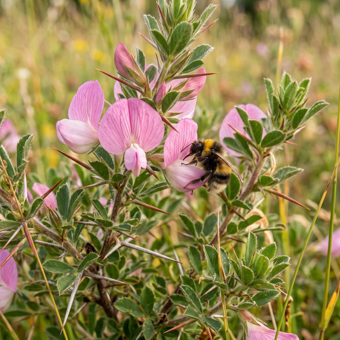 Blüte von Dornige Hauhechel (Ononis spinosa) in Nahaufnahme (KI-generiert)