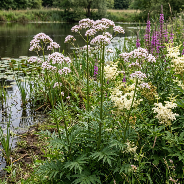 Echter Baldrian (Valeriana officinalis) in Blüte im naturnahen Garten (KI-generiert)