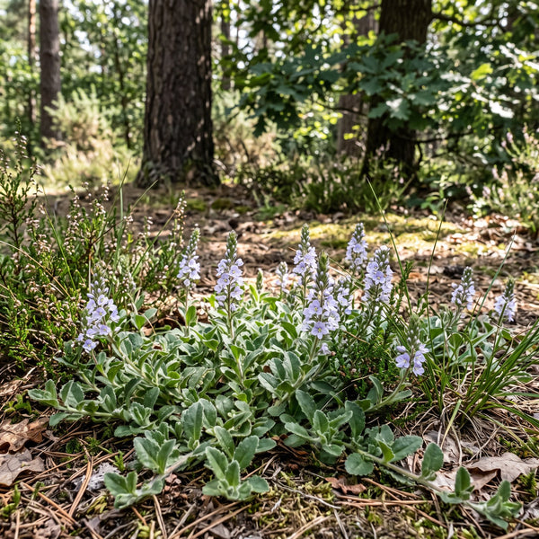 Echter Ehrenpreis (Veronica officinalis) in Blüte im naturnahen Garten (KI-generiert)