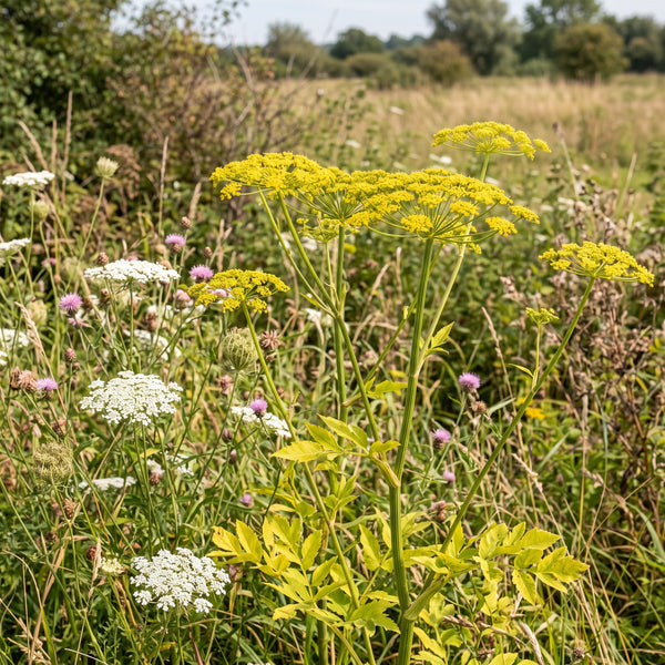 Echter Pastinak (Pastinaca sativa) in Blüte im naturnahen Garten (KI-generiert)