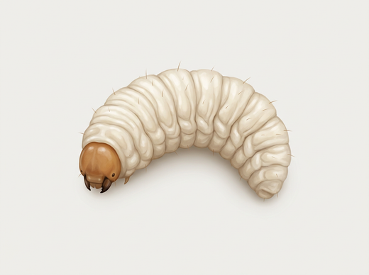 Larve van de zwarte snuitkever: kleine, gebogen, pootloze witte larve met een bruin kopkapsel