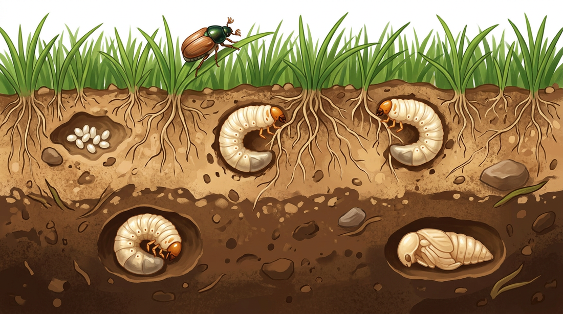 Dwarsdoorsnede door gazon en grond: boven een kever op een grassprietje, onder eieren en gebogen witte larven met een bruin kopkapsel en zes poten aan de graswortels, dieper in de grond een overwinterende rups en een pop
