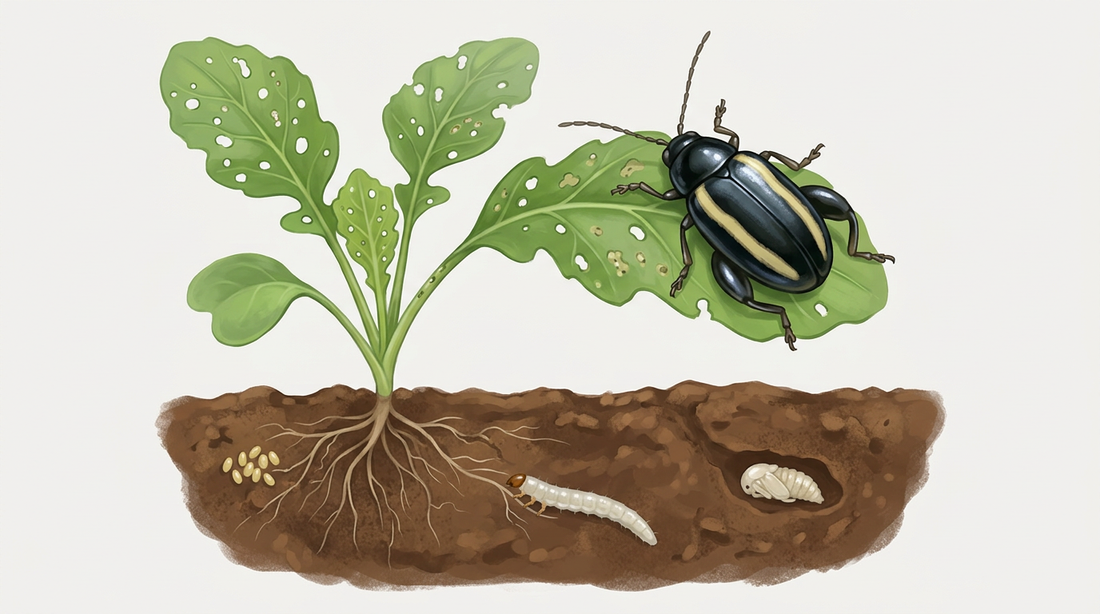 Levenscyclus van de aardvlo: Kever op een geperforeerd radijsblad, eieren in de grond eronder, larve op de wortels en pop