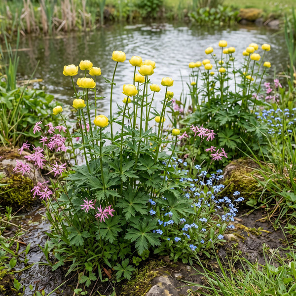 Europäische Trollblume (Trollius europaeus) in Blüte im naturnahen Garten (KI-generiert)