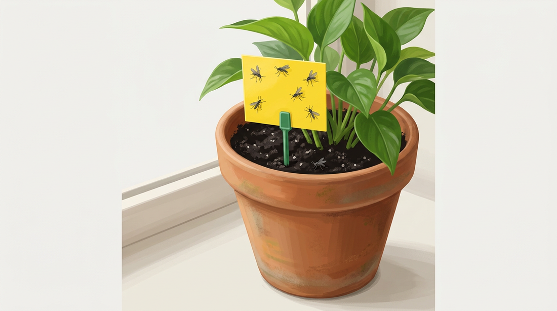 Gele sticker op het groene stokje zit in de grond van een kamerplant geplakt, er zitten meerdere kleine zwarte schimmelmuggen op geplakt