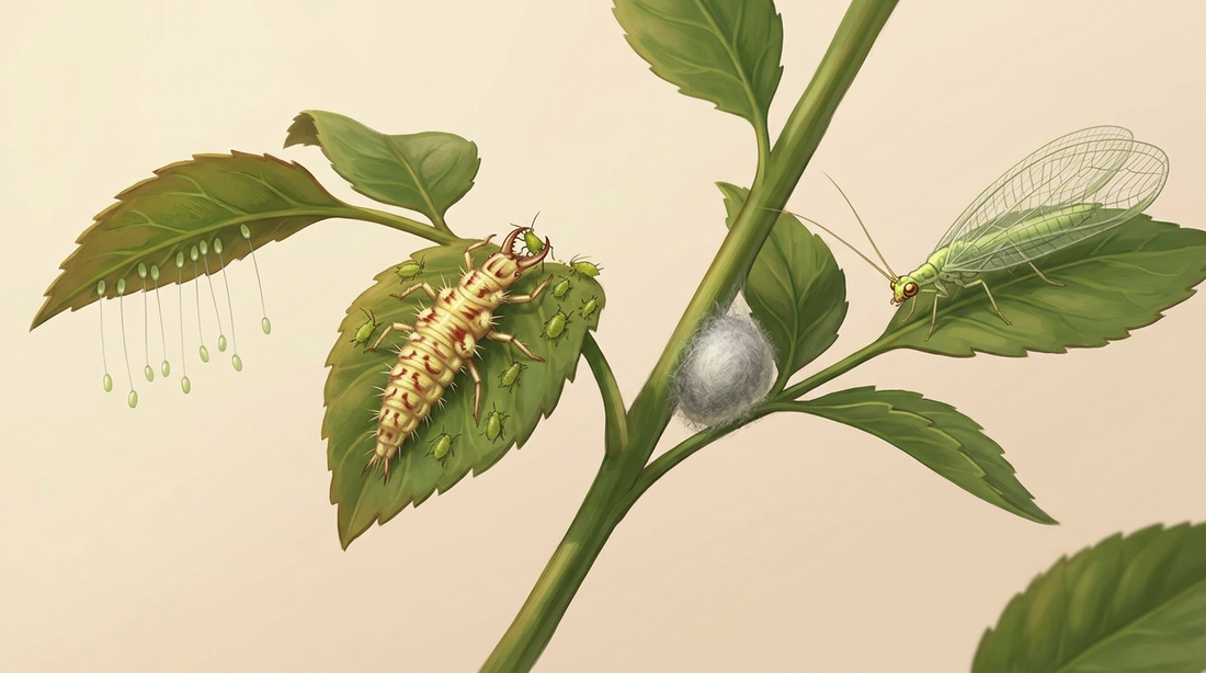 Ontwikkeling van de gaasvlieg: gesteelde eieren onder een blad, gaasvlieglarve die een bladluis uitzuigt, witte cocon op de stengel en volwassen groene gaasvleugel met doorzichtige netvleugels