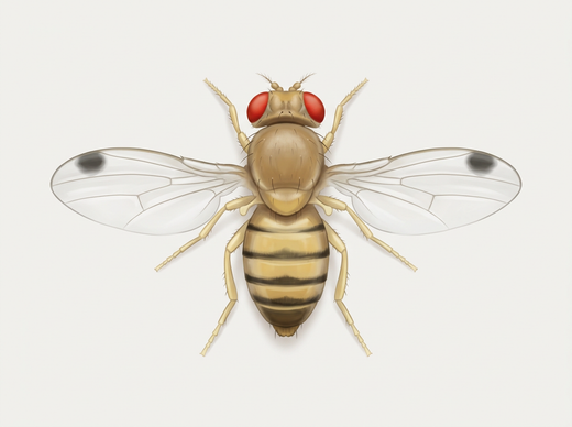 Kersenazijnvlieg (Drosophila suzukii), mannetje met donkere vlek op elke vleugel, van bovenaf