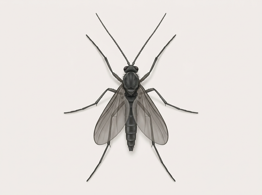 Schimmelmuggen (Sciaridae), slanke zwarte mug met lange antennes, van bovenaf
