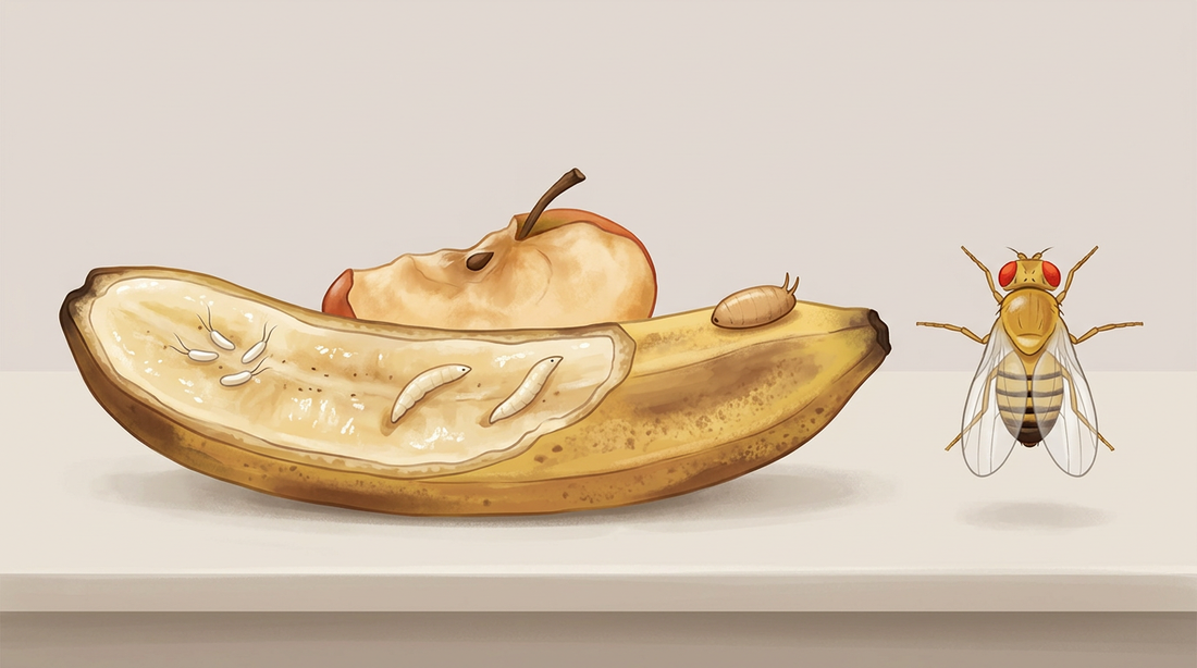 Ontwikkeling van de fruitvlieg op een overrijpe banaan: eieren met twee aanhangsels, witte larven in het vruchtvlees, bruinachtige pop en volwassen vlieg met rode ogen