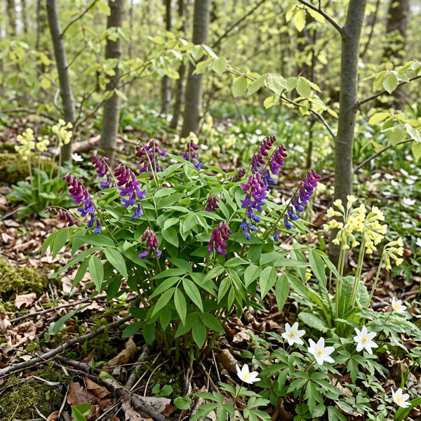 Frühlings-Platterbse (Lathyrus vernus) in Blüte im naturnahen Garten (KI-generiert)